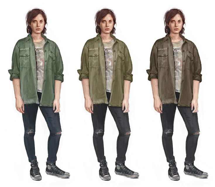 three different views of a young man with long hair wearing jeans and an army green jacket