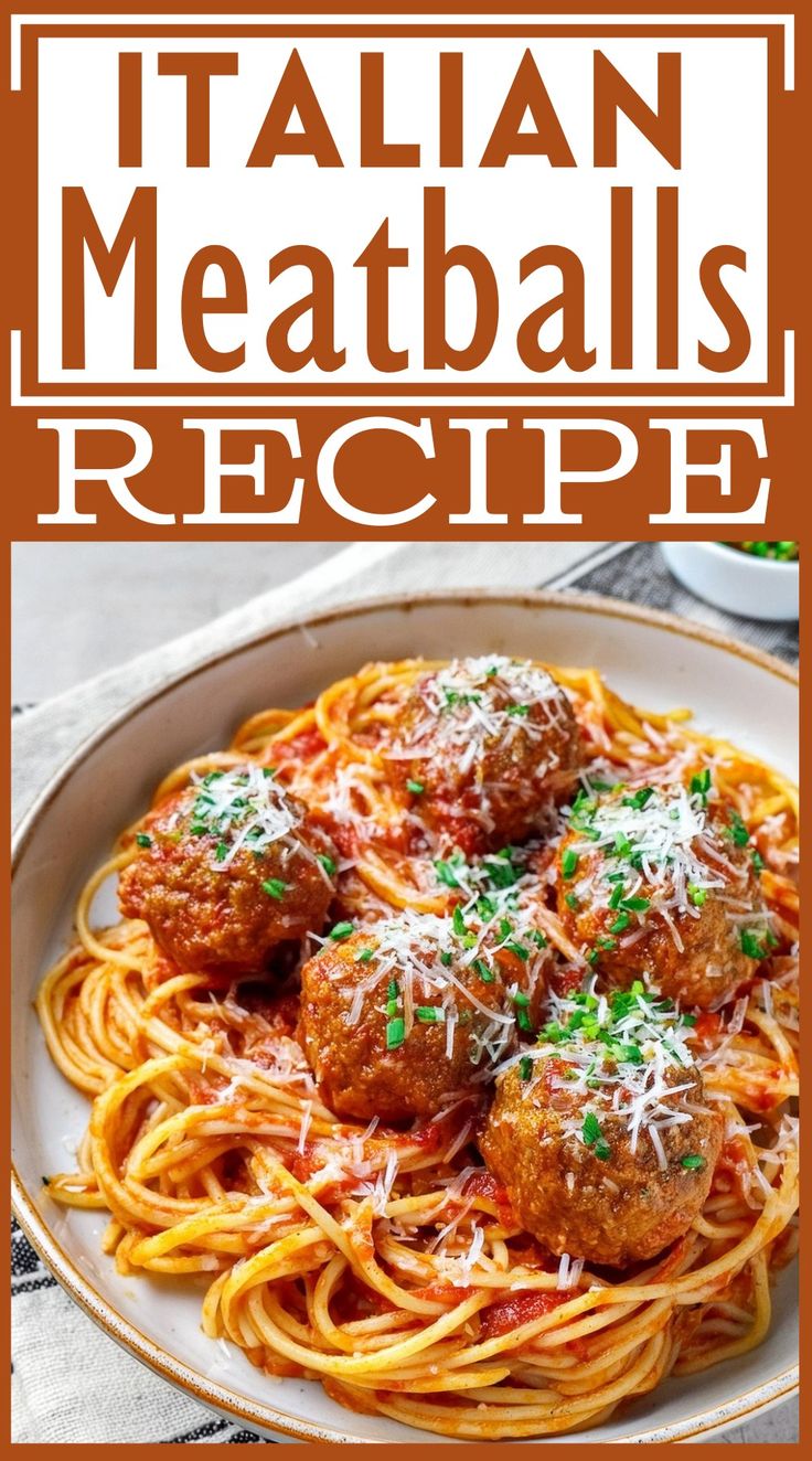 meatballs and spaghetti on a plate with the words italian meatballs recipe above it