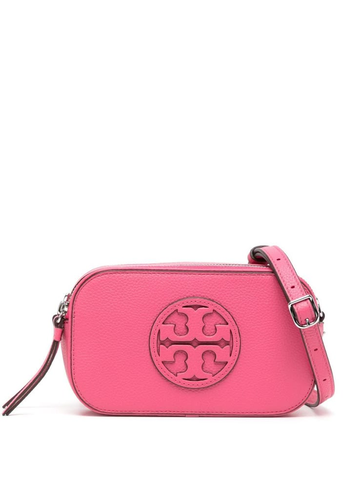 mini Miller crossbody bag from TORY BURCH featuring two zip-fastening compartments, adjustable detachable shoulder strap, rose pink, silver-tone hardware and logo patch to the front. Crossbody Purse Outfit, Tory Burch Crossbody Bag, Purse Outfit, Rainbow Bag, My Style Bags, Tory Burch Purse, Luxury Bags Collection, Hardware Logo, Handbag Essentials