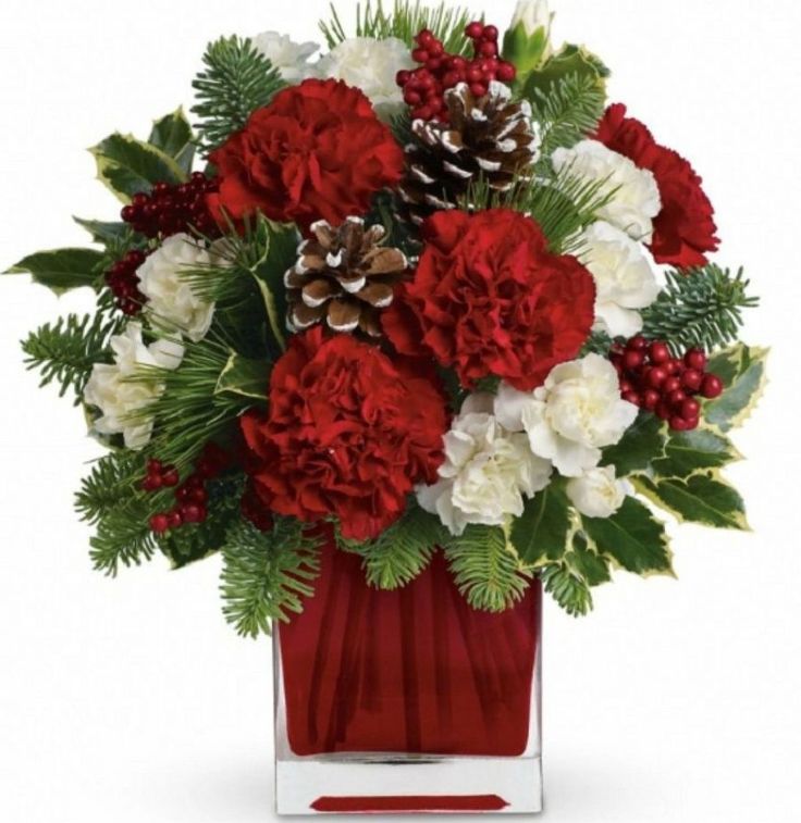 red and white flowers in a vase with pine cones on the top, greenery as well