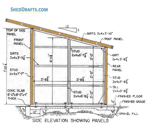 the side elevation drawing shows plans for an extension to a shed with windows and doors