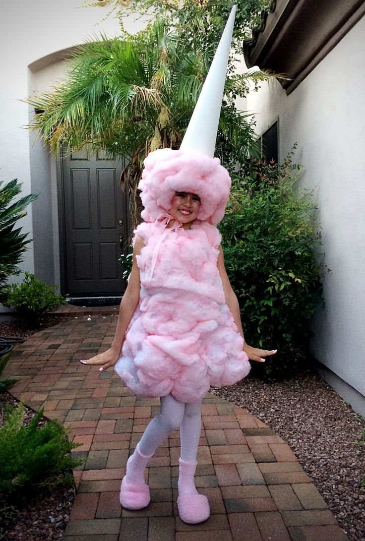 Cotton Candy costume DIY. Sew and hot-glue batting onto old dress and wool cap. Pink spray paint (from Michaels). White poster board rolled up for stick. Pink tights, socks, slippers. Cotton Candy perfume spray (from Walmart). This was a BIG HIT!! <3 <3 <3 Cotton Candy Costume Diy, Cotton Candy Outfit, Cotton Candy Halloween Costume, Candy Halloween Costume, Cotton Candy Costume, Candy Halloween Costumes, Candy Outfit, Candy Costume, Pink Spray Paint