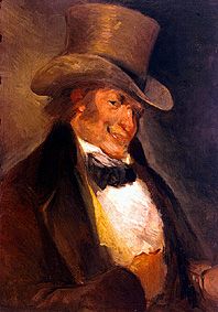 a painting of a man wearing a top hat and holding a pipe in his right hand