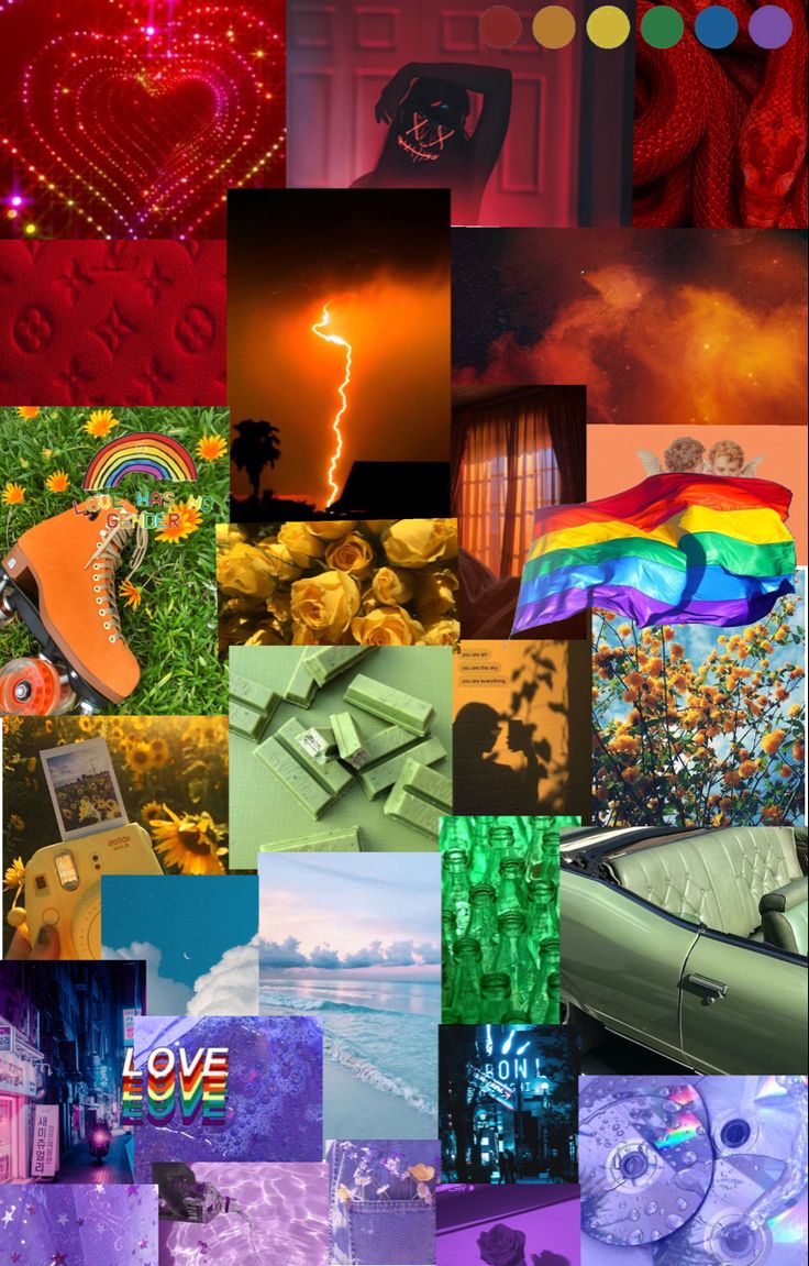 the collage shows many different colors and shapes, including hearts, rainbows, clouds, trees, flowers, and other things