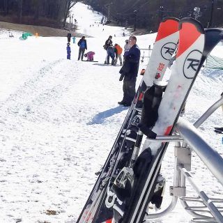 people are standing in the snow with skis