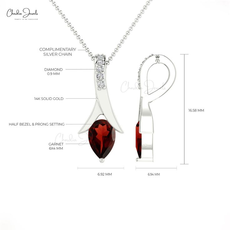 Description This stunning AAA quality Designer Garnet Pendant with the dazzling white diamond Teardrop style of I1-I2/G-H clarity & color is crafted in 14k solid gold. A Pear Cut Garnet gemstone set with Half Bezel settings surrounded with diamonds. Garnet is an official birthstone for the month of January and a symbol of balance, hope, and peace. The 6X4mm Pear cut gemstone is flanked by 5 pcs of dazzling 0.90mm white diamonds together to create a Tear Drop Style frame. The gold chain shown in Half Bezel Setting, Half Bezel, Garnet Pendant, Garnet Gemstone, Pear Cut, Tear Drop, White Diamonds, Handmade Pendants, Diamond Pendant