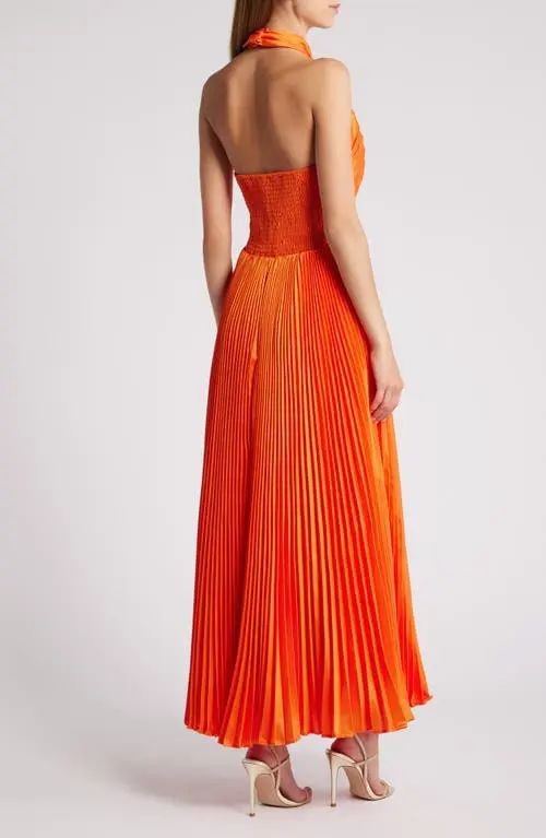 HUTCH Pleated Crossover Halter Gown - Orange | Editorialist Pre-draped Summer Gala Gown, Party Floor-length Maxi Dress With Pleated Waist, Strapless Pleated Maxi Dress For Gala, Party Maxi Dress With Pleated Waist, Strapless Pleated Maxi Dress For Party, Summer Gala Dresses With Folds, Evening Accordion Pleated Maxi Dress, Pleated Gown With Fitted Bodice And Floor-length, Pleated Floor-length Evening Dress For Cocktail