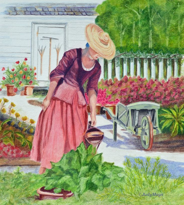 a painting of a woman watering her garden