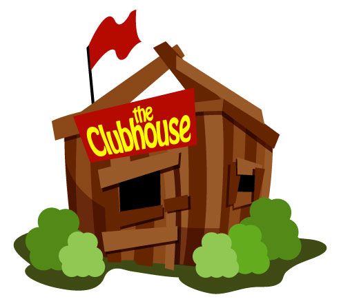 a wooden house with a flag on top and the word clubhouse written in red