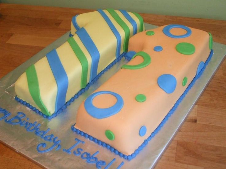 two birthday cakes sitting on top of a cake plate with blue and green stripes, polka dots and circles