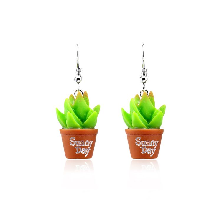 small potted plant earrings with green leaves on the front and bottom, hanging from hooks