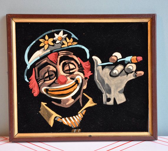 a painting of a clown holding a toy in his right hand and looking at the viewer