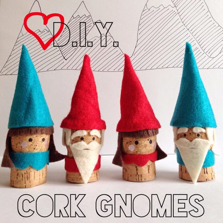 four gnomes made out of cork are sitting in front of a white background with the words diy