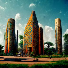 an artist's rendering of a futuristic city surrounded by tall, colorful buildings and trees