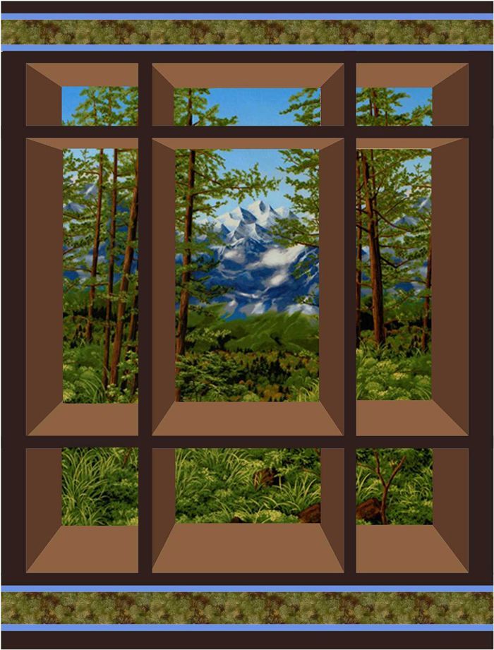 an open window with trees and mountains in the background