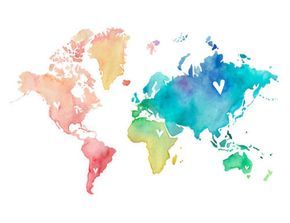 watercolor map of the world in pink, blue and green on a white background