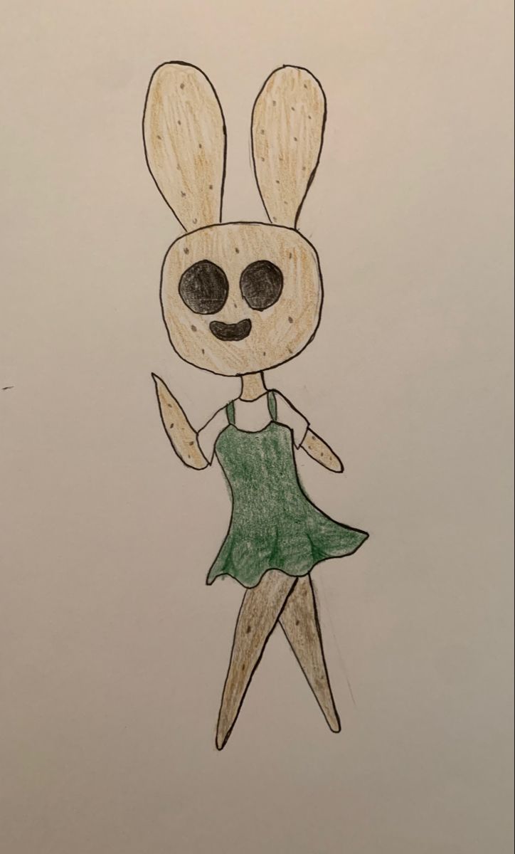 a child's drawing of a rabbit wearing a green dress