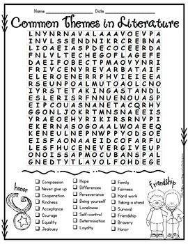 a printable word search for the common themes in literature