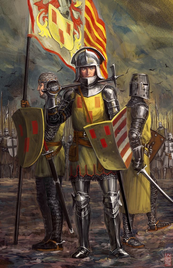 two knights standing next to each other holding flags