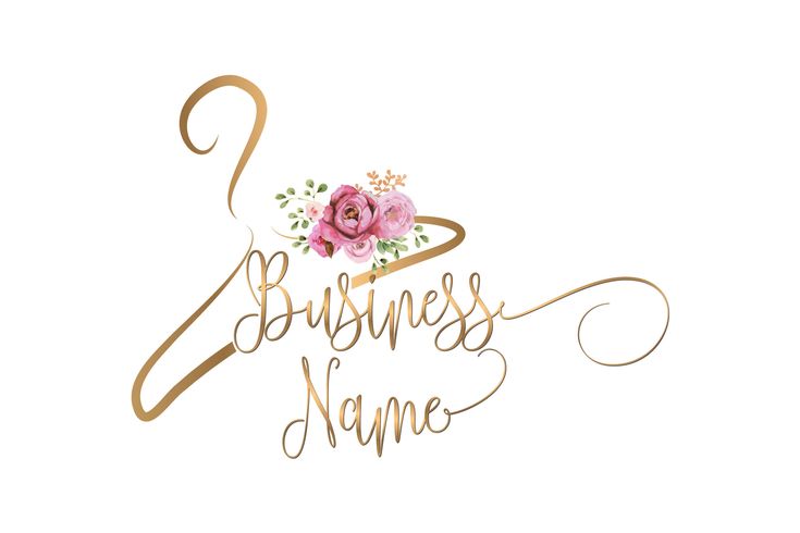 the logo for business name with pink flowers on it and gold lettering that reads, business name