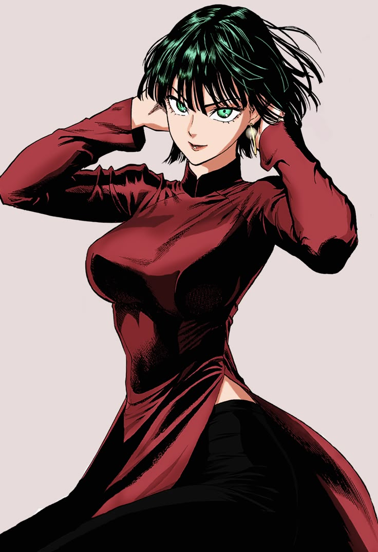 an anime character with green hair wearing a red shirt and black pants, posing for the camera