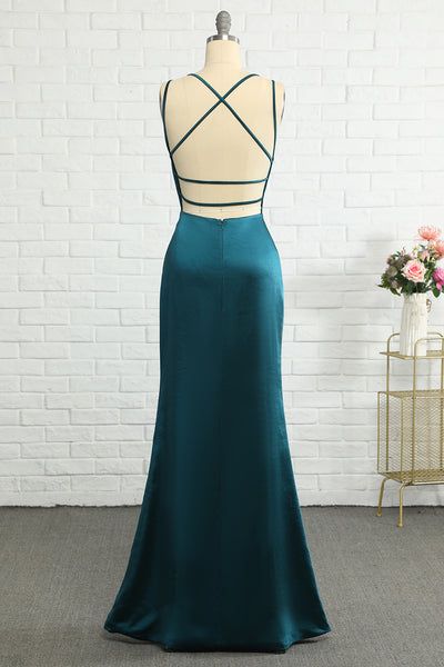 Elegant Backless Dress For Prom Evening, Backless Fitted Bridesmaid Dress For Prom Season, Fitted Satin Maxi Dress With Sweep Train, Elegant Backless Satin Mermaid Dress, Backless Sweep Train Dress For Prom, Backless Bridesmaid Dress With Fitted Bodice For Prom, Fitted Bridesmaid Dress With Corset Back For Party, Mermaid Dresses With Sweep Train For Party, Mermaid Party Dress With Sweep Train