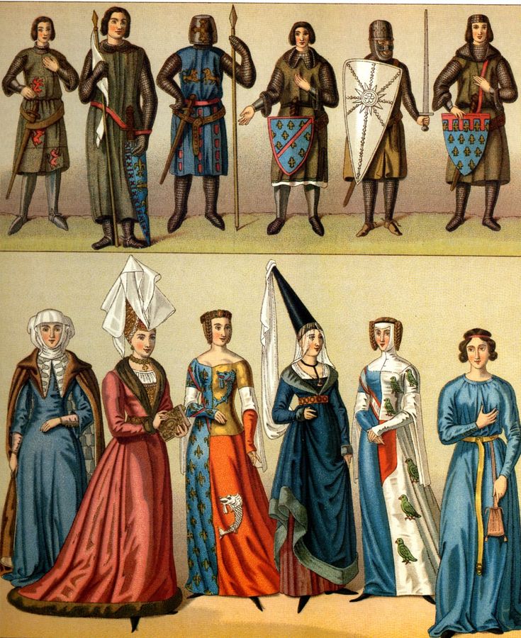 an old fashion illustration shows people dressed in medieval clothing