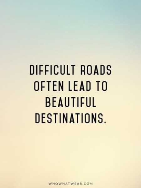 the words difficult roads often lead to beautiful destinations are shown in black on a white background