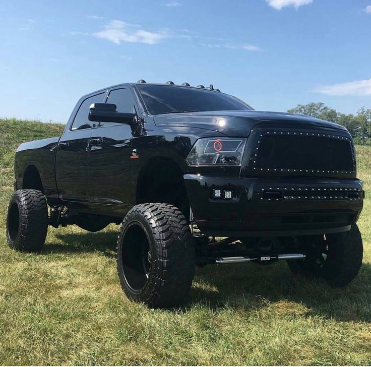 a large black truck parked on top of a grass covered field with sky in the background