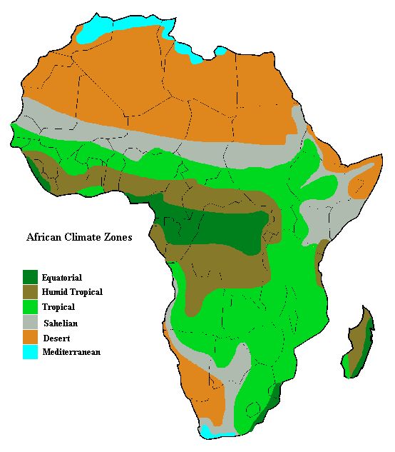 the african climate zones are shown in green, brown and orange colors on this map