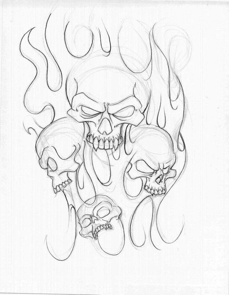 a drawing of three skulls with flames coming out of them