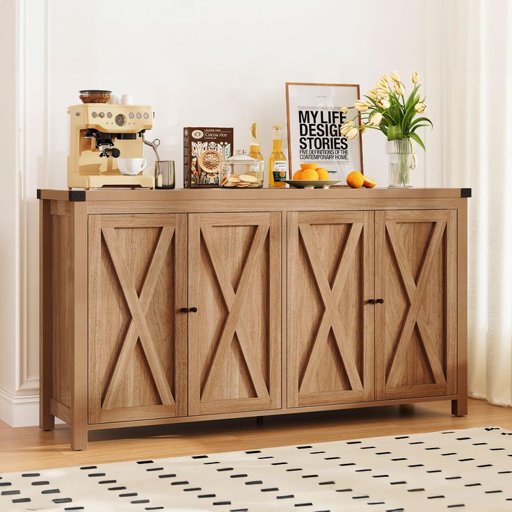 a wooden cabinet sitting on top of a hard wood floor next to a white rug