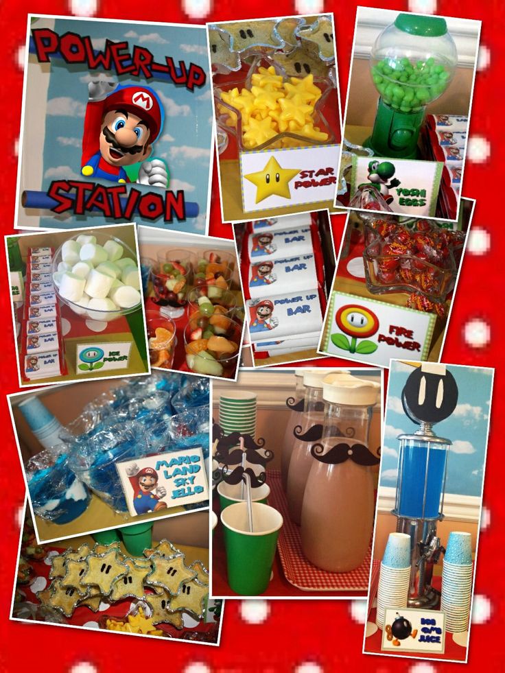 a collage of photos with mario and other items on it, including candy boxes