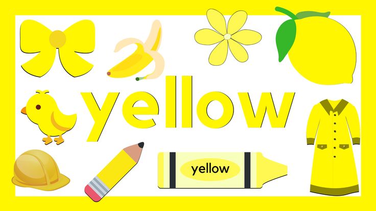 the word yellow is surrounded by various items such as a hat, pencil and an apple