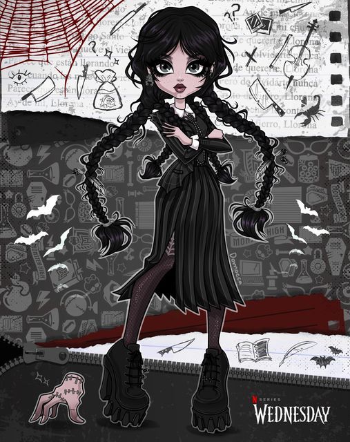 a drawing of a girl with black hair in a dress and boots standing on a floor