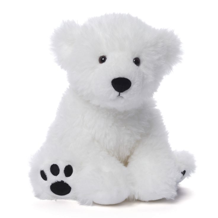 a white teddy bear with black paws on it's chest and legs sitting down