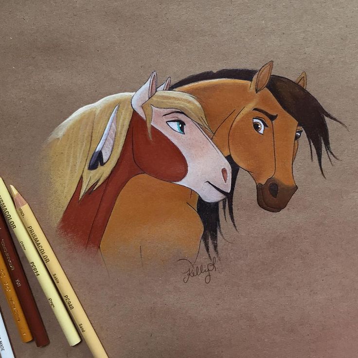 a drawing of two horses with colored pencils next to them