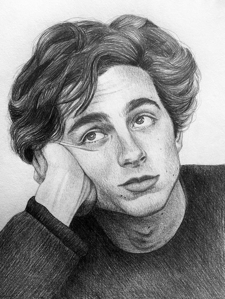 a pencil drawing of a man with his hand on his chin looking at the camera