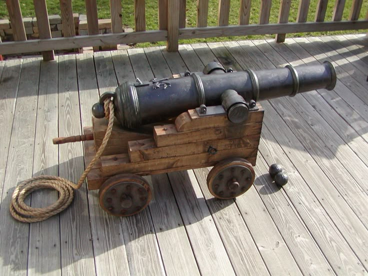 an old fashioned cannon on a wooden deck