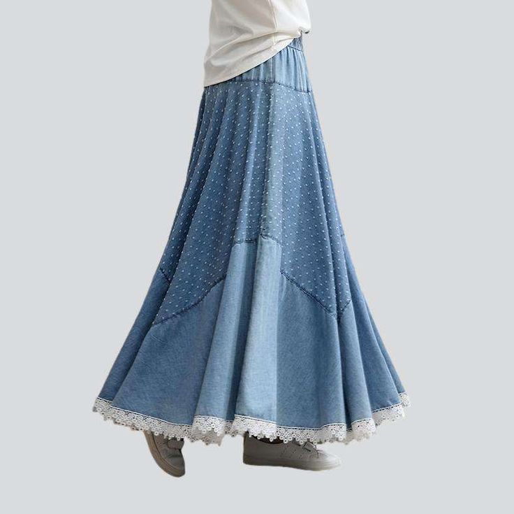 Introducing the 2023 Spring-Summer Collection's lace hem embroidered denim skirt ââ‚?the perfect embodiment of street vibe and fierce femininity!Why You'll Love ItThis skirt is sure to take your look to the next level! Its fit type and flare silhouette and high-waisted waist band offer a flattering fit and the lace hem adds a unique touch of sophistication that will make you stand out from the crowd. The intricate embroidery is a great way to show off your trend while the rubber closure ensures Embroidered Denim Skirt, Y2k Denim Skirt, Denim Skirts Online, Womens Denim Skirts, Classic Skirts, Fit And Flare Silhouette, Denim Chic, Y2k Denim, Lace Hem