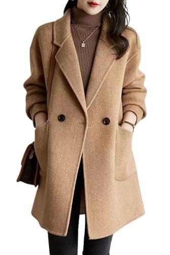 chouyatou Women's Notch Lapel Herringbone Wool Coat Formal Office Work Double Breasted Winter Pea Coat Dinner Party Christmas, Coat For Fall, Camel Wool Coat, Winter Pea Coat, Winter Trench, Woolen Coat Woman, Winter Coat Outfits, Skirt Sweater, Knee Length Coat