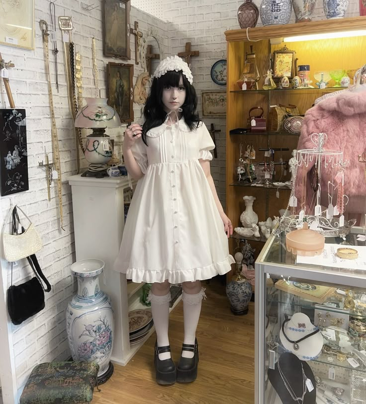 Doll at the antique store 🗝️🕰️��🤍 Doll Style Outfits, Morute Fashion, Doll Inspired Outfits, Antique Outfits, Clown Costume Ideas, Lace Ruffle Socks, Dollcore Outfits, Porcelain Doll Costume, Outfit Themes