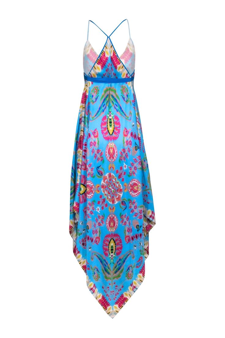 Look vacation-ready with this blue and multi-color printed maxi dress from Etro! Made of luxurious silk, this breezy tunic dress will ensure you always slay the beach scene, just throw on some shades and a tote bag and you'll be ready to roll! What a stylish way to soak up the sun! One Size Made in Italy 100% Silk Unlined Sleeveless V-neckline Ribbon waist tie Minor run on front left Bust 56" Waist 96" Shoulder to hem 55" Light Blue Summer Sundress Maxi, Light Blue Sundress Maxi For Summer, Turquoise Maxi Dress For Beach Cover-up, Light Blue Sundress Maxi Dress For Summer, Light Blue Maxi Dress For Beach Cover-up, Chic Blue Beach Dress For Poolside, Turquoise V-neck Maxi Dress For Vacation, Blue Spring Beachwear Maxi Dress, Light Blue Summer Maxi Dress For Beach