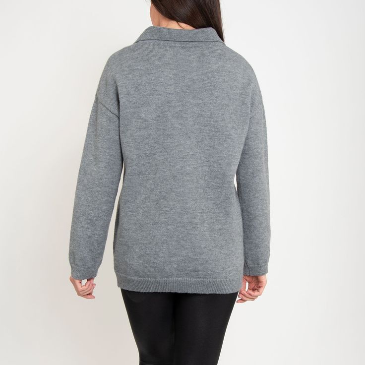 Featuring a relaxed fit, goes-with-anything gray color, and casual collared neck with front pocket, the Hudson Collared Sweater is perfect for every day wear with your favorite pair of jeans or leggings! Gray V-neck Outerwear With Pockets, Casual Fall Sweater With Johnny Collar, Gray Sweater With Pockets For Layering, Oversized Collared Polo Sweater, Oversized Collared Sweater With Ribbed Collar, Gray Layering Sweater With Pockets, Casual Winter Tops With Side Pockets, Oversized Sweater With Ribbed Collar, Oversized V-neck Polo Sweater Casual