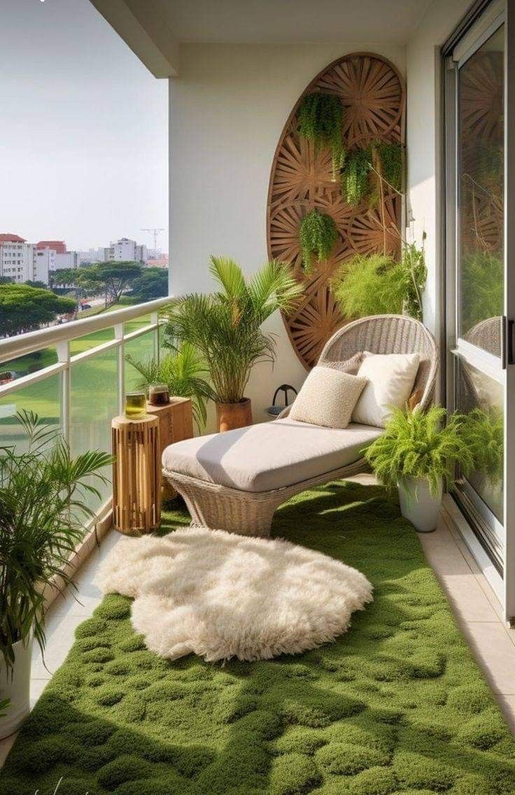 an outdoor area with grass and plants on the balcony