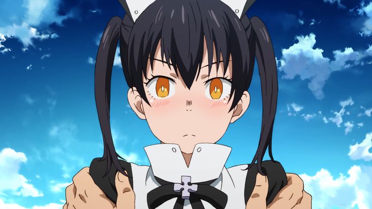 an anime character with long black hair and cat ears on her head, looking at the camera