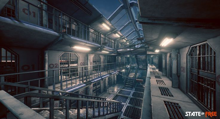 an image of a sci - fi building with stairs and railings at night time