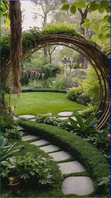 a garden with grass and stepping stones