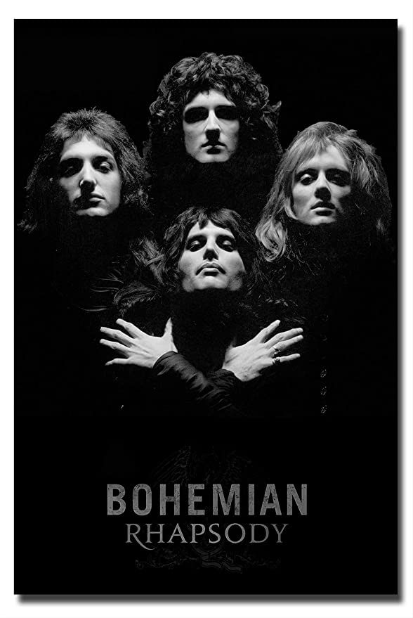 bohemian rhapsody poster with the band members in black and white on a black background