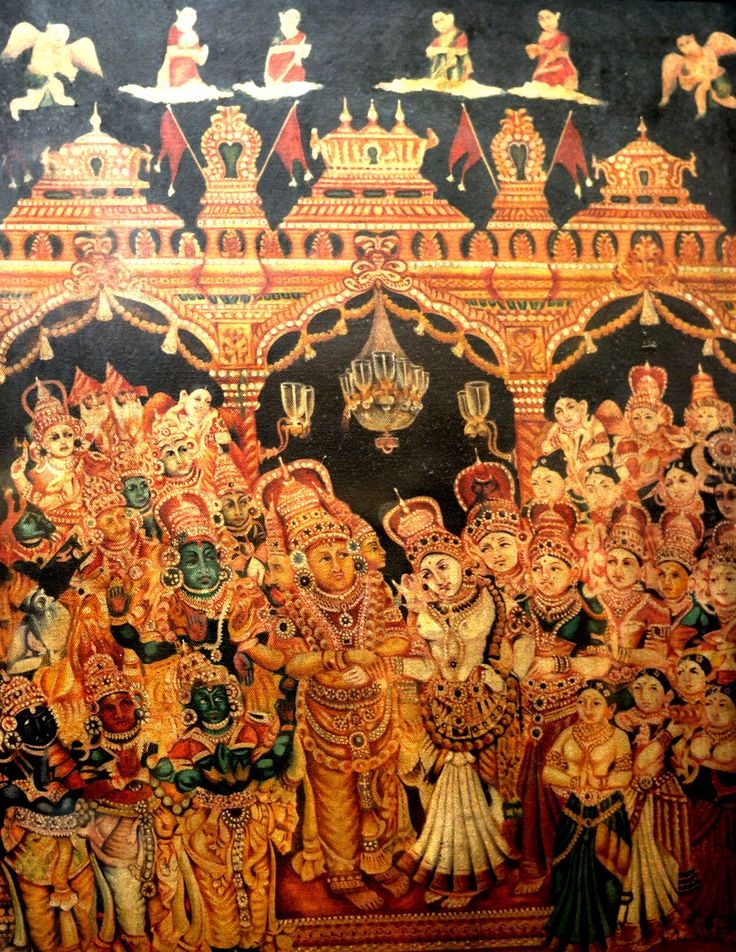 an ornate painting on the wall of a temple in india, depicting hindu deities and attendants